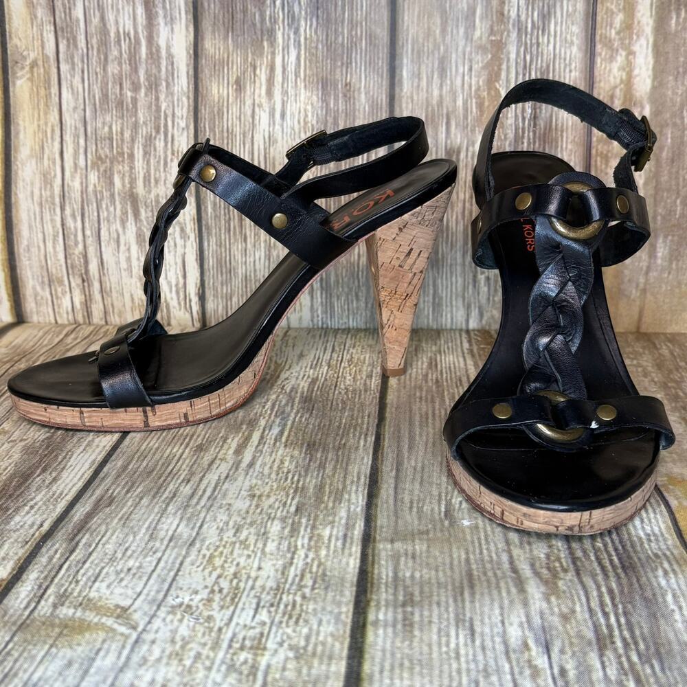 Michael Kors Y2K Boho Braided Black Leather Studded Slingback Cork Heels‎ Sz 7.5